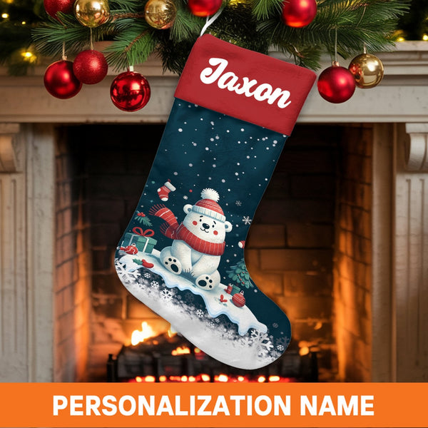 Winter Animal Holiday Stocking, Adorable Polar Bear Christmas Stocking, Personalized Christmas Stocking, Kids Family Fireplac
