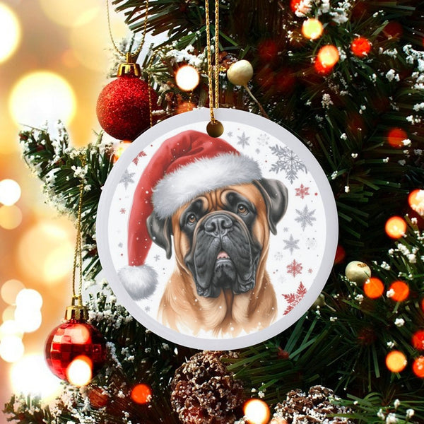 Santa Hat Dog Ornament, Bullmastiff Christmas Ornament, Ceramic Holiday Puppy Keepsake, Festive Xmas Tree Decor, Pet Lover Pr
