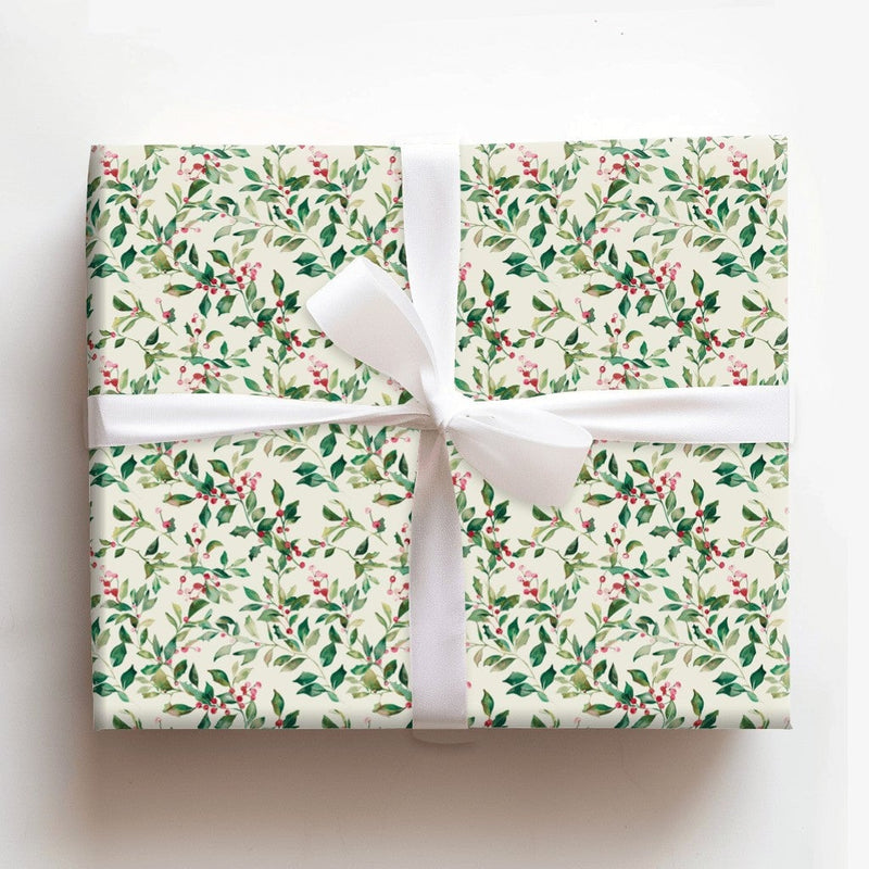 Botanical Winter Leaves Gift Wrap Paper, Watercolor Holly Berry Christmas Wrapping Paper, Traditional Holiday Present Wrap Paper