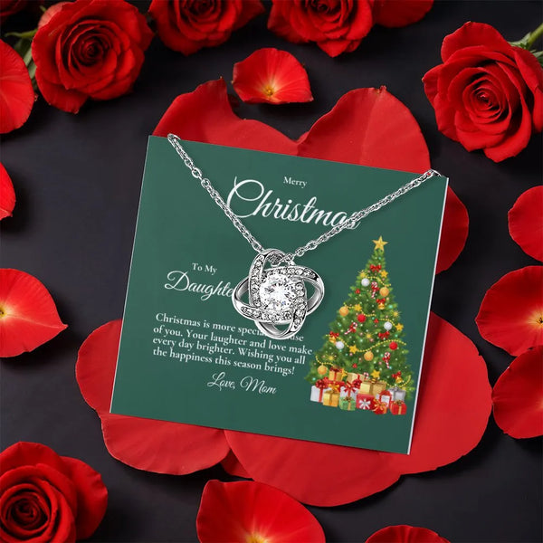 Mom to Daughter Knot Pendant, Love Knot Necklace for Daughter, CZ Crystal Love Knot Jewelry, Rotating Rose Box Christmas Holi