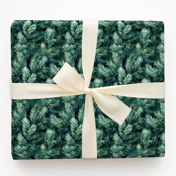Evergreen Branch Gift Wrap, Watercolor Pine Needles Christmas Wrapping Paper, Rustic Botanical Wrapping Paper Roll, Holiday P