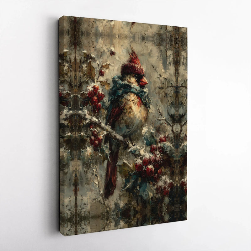 Whimsical Bird Canvas Print, Winter Cardinal Canvas Wall Art, Comfy Christmas Canvas Painting, Winter Holiday Wall Decor, Bird Lover Present