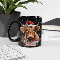 Festive Winter Highland Cow Mug, Highland Cow Santa Hat Christmas Mug, Adorable Snowflake Holiday Farm Animal Mug, Xmas Farmhouse Present