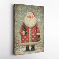 Whimsical Holiday Holly Canvas Print, Vintage Santa Claus Canvas Wall Art, Christmas Canvas Decor, Winter Home Wall Art, Xmas Holiday Present