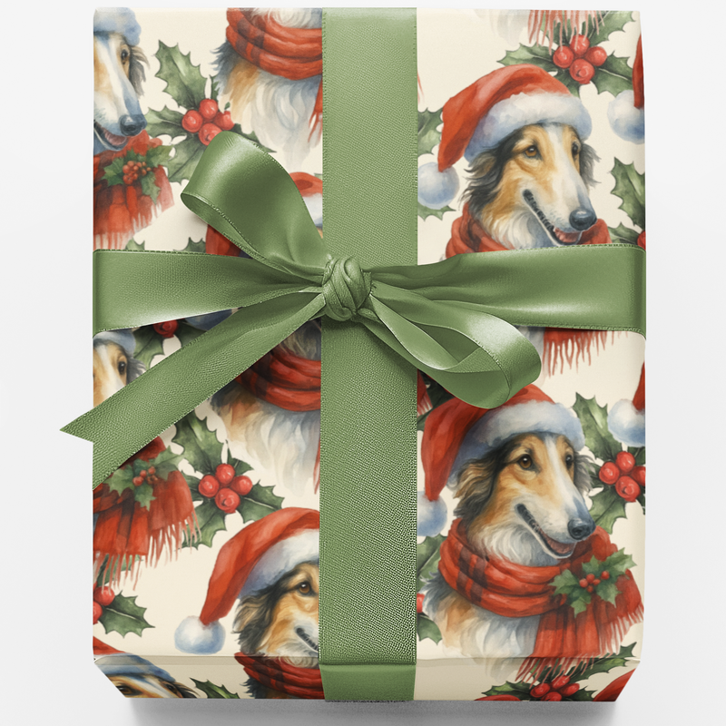 Dog Santa Hat Gift Wrap, Collie Christmas Wrapping Paper, Holiday Dog Wrapping Paper, Festive Pet Gift Wrap, Christmas Gift Wrap Roll