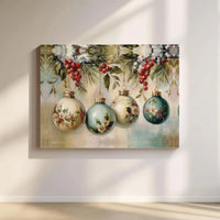 Holly Berry Baubles Wall Art, Victorian Christmas Ornaments Canvas, Vintage Holiday Ornament Print, Elegant Xmas Canvas Art