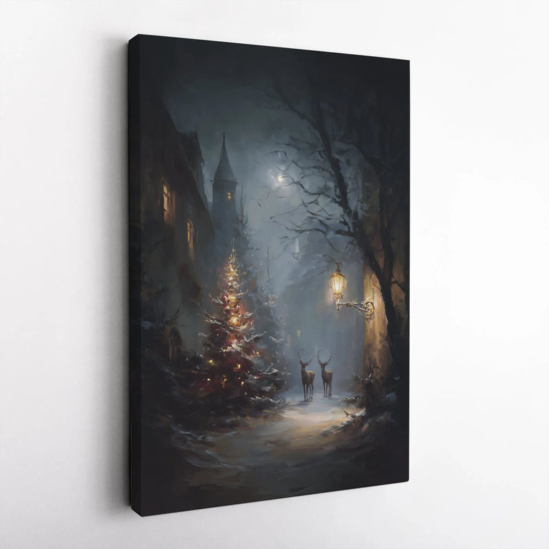 Snowy Forest Deer and Streetlamp Print, Christmas Canvas Wall Art, Winter Holiday Xmas Digital Download Poster, Festive Farmhouse Decor