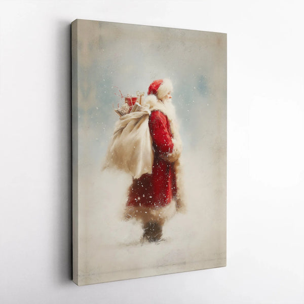 Nostalgic Christmas Painting Poster, Vintage Santa Claus Canvas Wall Art, Retro Winter Snow Canvas Print, Holiday Farmhouse H