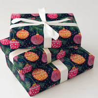 Navy Pine Branch Gift Wrap, Watercolor Ornament Christmas Wrapping Paper, Colorful Bauble Wrapping Paper, Festive Holiday Wrapping Paper