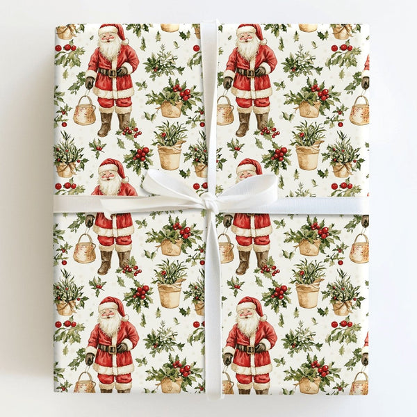 Watercolor Holly Holiday Gift Wrap, Vintage Santa Lantern Christmas Wrapping Paper, Traditional Santa Wrapping Paper, Winter 