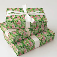 Pink Fairy Tale House Gift Wrap, Watercolor Christmas Village Wrapping Paper, Whimsical Holiday Wrapping Paper, Festive Winter Gift Wrap