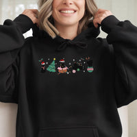 Festive Kitten Holiday Hoodie, Christmas Black Cat Hoodie, Adorable Cat Lover Xmas Hoodie, Comfy Winter Pet Lover Graphic Hooded Sweatshirt