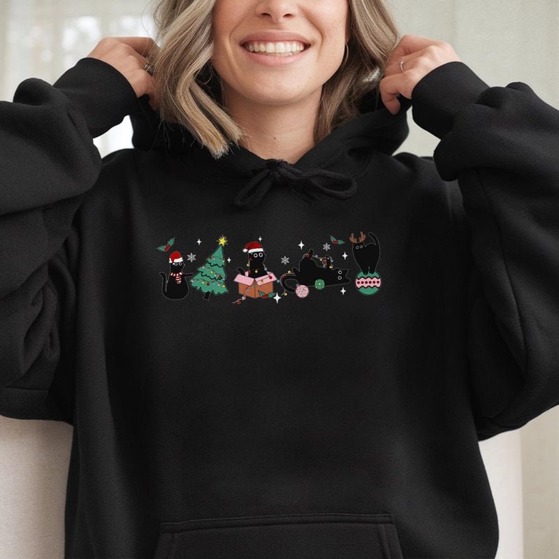 Festive Kitten Holiday Hoodie, Christmas Black Cat Hoodie, Adorable Cat Lover Xmas Hoodie, Comfy Winter Pet Lover Graphic Hooded Sweatshirt