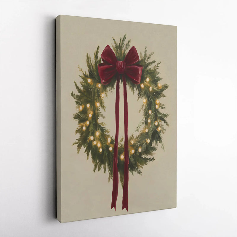 Holiday Wreath Print, Christmas Wreath Wall Art, Glowing Fairy Lights Wall Decor, Festive Red Bow Art, Winter Home Decor Digital Download