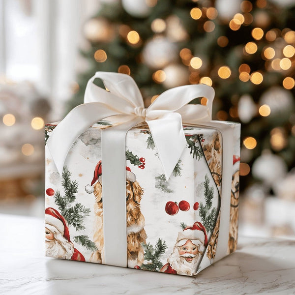 Watercolor Holiday Dog Gift Wrap Paper, Golden Retriever Santa Christmas Wrapping Paper, Xmas Present Paper, Dog Lover Wrappi