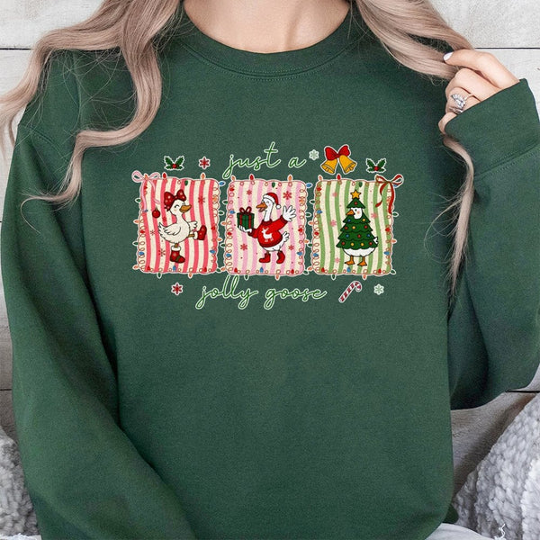 Adorable Festive Goose Sweater, Jolly Goose Christmas Sweatshirt, Humorous Goose Holiday Crewneck, Retro Animal Christmas Swe