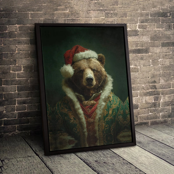 Renaissance Animal Portrait Canvas Print, Christmas Bear Canvas Wall Art, Holiday Bear Canvas Poster, Winter Wall Decor, Digi