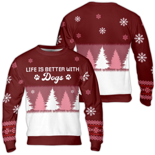 Festive Holiday Paw Print Sweatshirt, Life Is Better with Dogs Ugly Christmas Sweater, Adorable Xmas Tree Dog Lover Pullover,