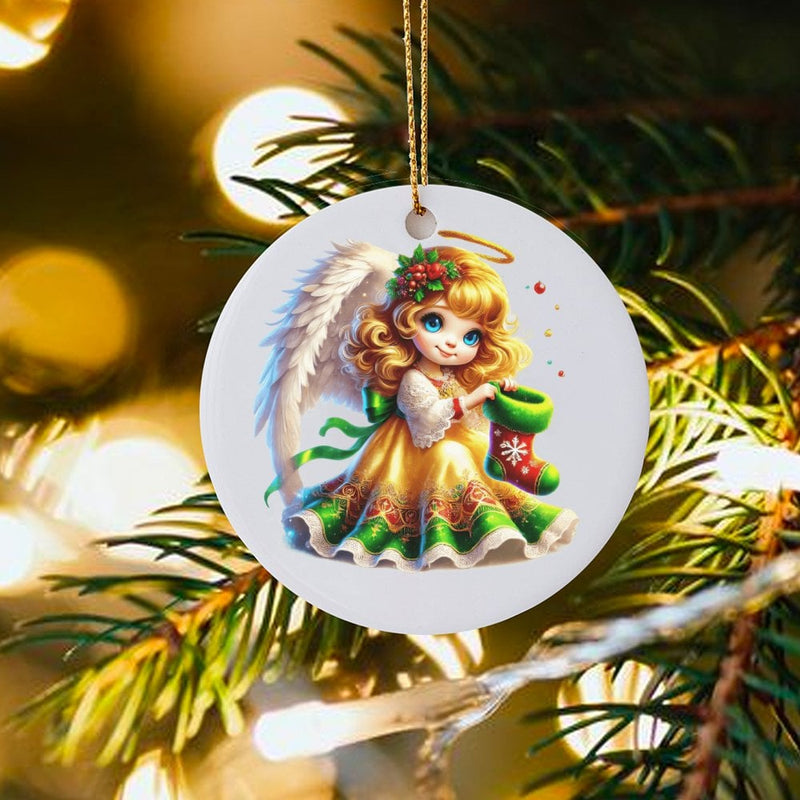 Christmas Angel Ornament, Adorable Cherub with Stocking Ornament, Ceramic Cherub Holiday Ornament, Angel Tree Keepsake, Holiday Decor Present