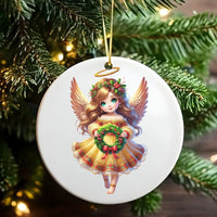 Ceramic Angel Holiday Ornament, Adorable Angel Wreath Christmas Ornament, Wreath Angel Tree Ornament, Festive Ceramic Keepsake, Xmas Present