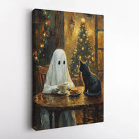 Comfy Holiday Coffee Canvas Print, Ghost and Black Cat Christmas Canvas Art, Adorable Spooky Winter Decor, Whimsical Holiday Art Present