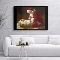Religious Christmas Wall Art, Santa Kneeling Before Baby Jesus Canvas, Christian Nativity Canvas Print, Holy Holiday Decor Present