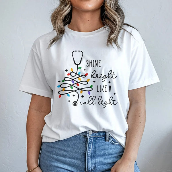 Nurse Christmas Stethoscope Tee, Shine Bright Like a Call Light Shirt, Nurse Christmas Shirt, Medical Holiday T-Shirt, RN Xma