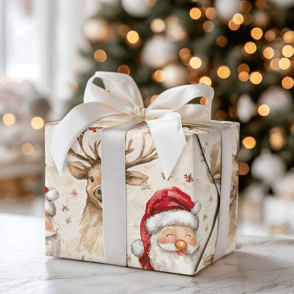 Adorable Christmas Gift Wrap, Watercolor Santa and Reindeer Wrapping Paper, Holiday Snowflake Wrapping Paper, Festive Winter 