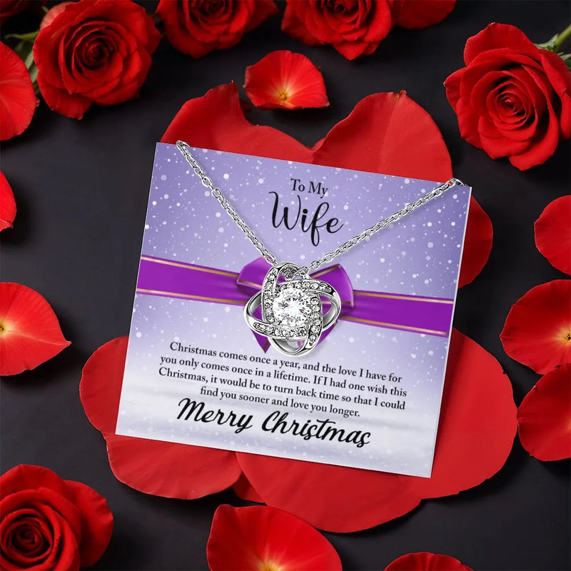 Sparkling CZ Crystal Pendant, Love Knot Necklace for Wife, White Gold Finish Jewelry, Romantic Christmas Holiday Present for Wife Her