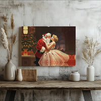 Retro Christmas Kissing Couple Poster, Vintage Santa Canvas Art, Holiday Santa Canvas Print, Printable Xmas Wall Decor, Holiday Present