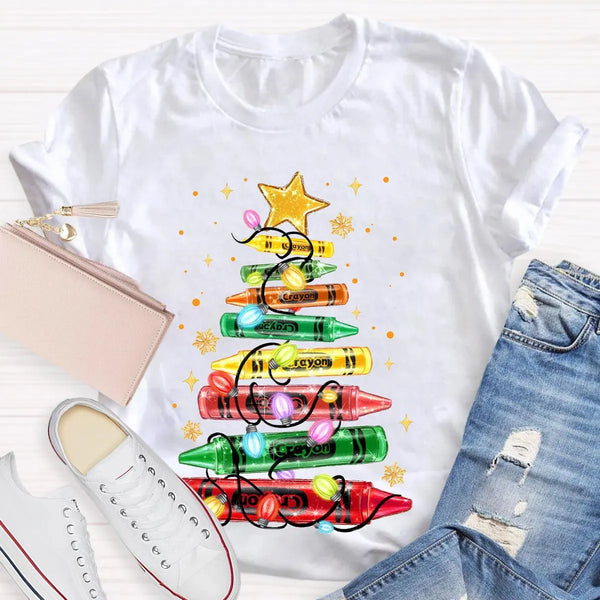 Colorful Holiday Crayon T-Shirt, Christmas Crayon Tree Shirt, Adorable Festive Tree Tee, Art Teacher Xmas Graphic Tee, Holida