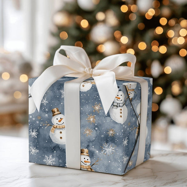 Gold Snowflake Gift Wrap, Watercolor Snowman Wrapping Paper, Dusky Blue Christmas Wrapping Paper, Winter Holiday Gift Wrap, X
