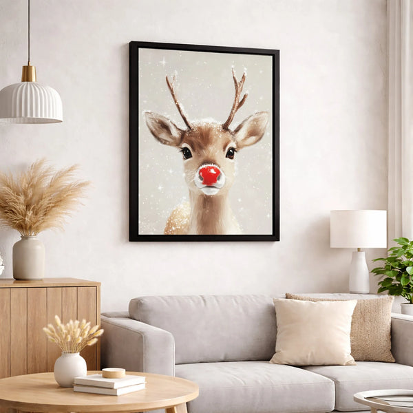 Adorable Winter Animal Portrait Canvas Print, Red Nosed Reindeer Christmas Holiday Canvas Wall Art, Festive Xmas Deer Canvas 