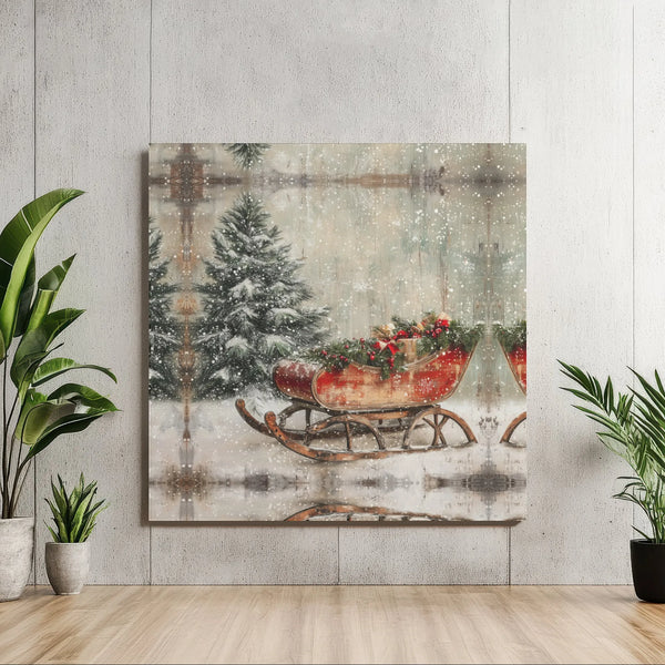 Snowy Pine Winter Scene Poster, Vintage Christmas Sleigh Wall Art, Rustic Farmhouse Holiday Print, Digital Download Festive C