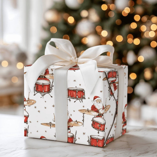 Watercolor Drummer Santa Claus Gift Wrap, Drumming Santa Wrapping Paper, Music Lover Holiday Paper, Christmas Present Wrappin