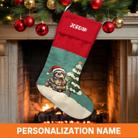Santa Hat Sloth Holiday Stocking, Adorable Sloth Christmas Stocking, Personalized Name Christmas Stocking, Xmas Fireplace Decor Present for Kids