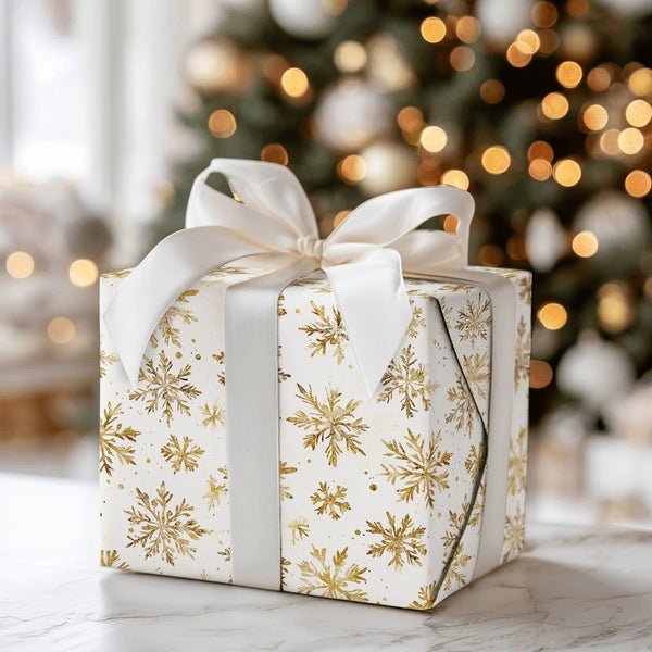 Winter Holiday Gift Wrap, Gold Snowflake Wrapping Paper, Christmas Wrapping Paper Roll, Shimmering Gold Gift Wrap, Festive Ho