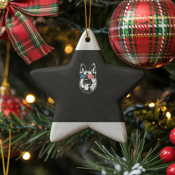 Patriotic Dog Christmas Ornament, German Shepherd Ceramic Star Ornament, USA Flag Sunglasses Ornament, Dog Lover Holiday Star