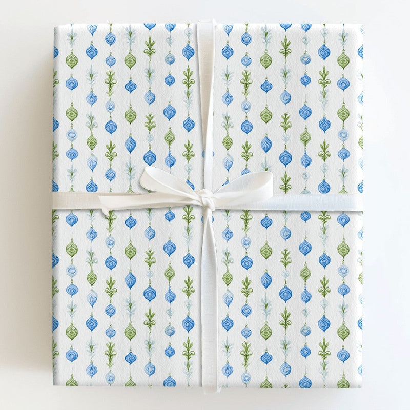 Blue Green Garland Gift Wrap, Watercolor Ornament Christmas Wrapping Paper, Holiday Botanical Wrapping Paper, Elegant Winter Gift Wrap Roll
