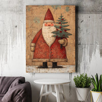 Rustic Vintage Christmas Canvas, Folk Art Santa Claus Canvas Print, Farmhouse Holiday Wall Art, Distressed Santa Canvas Wall Decor