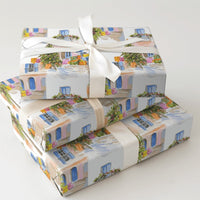 Coastal Village Holiday Gift Wrap, Mediterranean Christmas Wrapping Paper, Watercolor European Town Wrapping Paper
