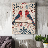 Folk Art Red Cardinal Birds Canvas Print, Winter Birds Canvas Wall Art, Comfy Holiday Nature Wall Decor, Christmas Present for Bird Lovers