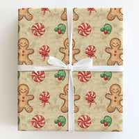 Peppermint Candy Gift Wrap, Watercolor Gingerbread Man Wrapping Paper, Vintage Holiday Wrapping Paper, Traditional Christmas Gift Wrap Roll