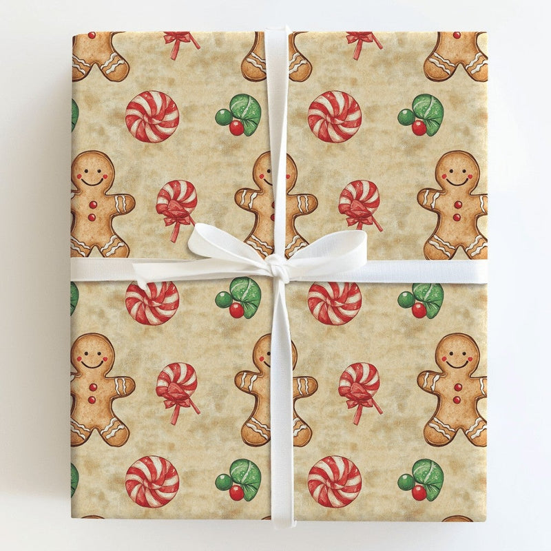 Peppermint Candy Gift Wrap, Watercolor Gingerbread Man Wrapping Paper, Vintage Holiday Wrapping Paper, Traditional Christmas Gift Wrap Roll