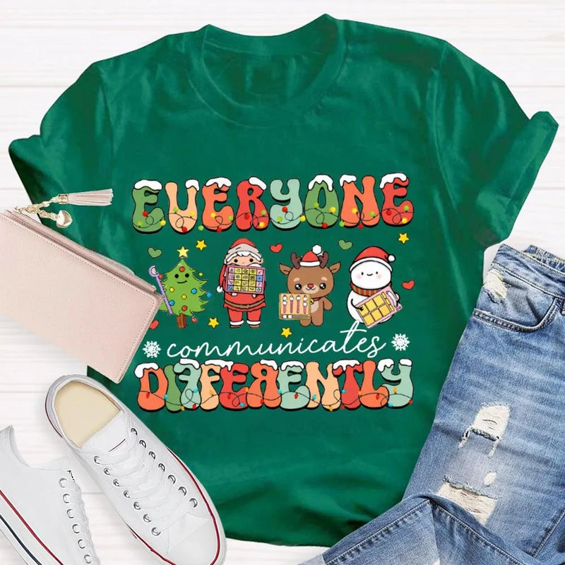 Festive Lights Neurodiversity Tee, Everyone Communicates Differently Christmas Shirt, SPED Teacher Holiday T-Shirt, ASL Xmas Present
