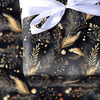 Elegant Winter Foliage Gift Wrap Paper, Navy and Gold Botanical Christmas Wrapping Paper, Luxury Holiday Present Wrapping Paper