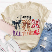 Halloween Thanksgiving Christmas Shirt, Happy Hallothanksmas Bow T-Shirt, Humorous Fall Holiday Mashup Graphic Tee, Autumn Coquette Top