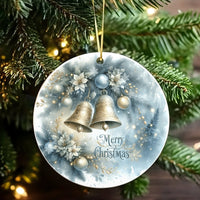 Winter Floral Holiday Ornament, Golden Bells Christmas Ornament, Elegant Merry Christmas Ceramic Ornament, Festive Tree Decor Ornament