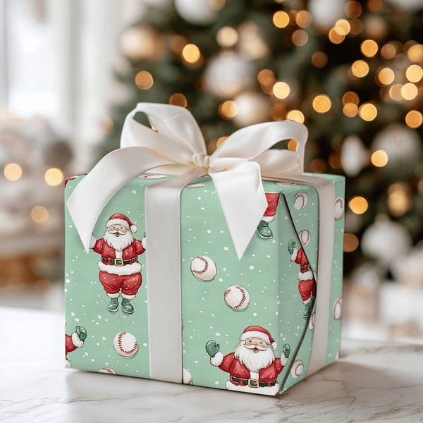 Baseball Christmas Gift Wrap, Mint Green Baseball Santa Wrapping Paper, Baseball Holiday Wrapping Paper, Sports Santa Xmas Gi