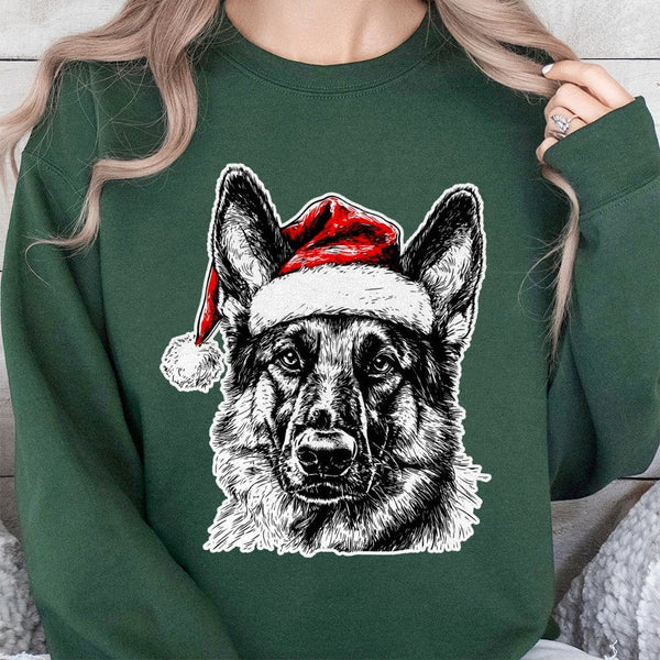 Santa Hat Dog Graphic Crewneck, German Shepherd Christmas Sweatshirt, Adorable Holiday GSD Dog Sweater, German Shepherd Xmas 